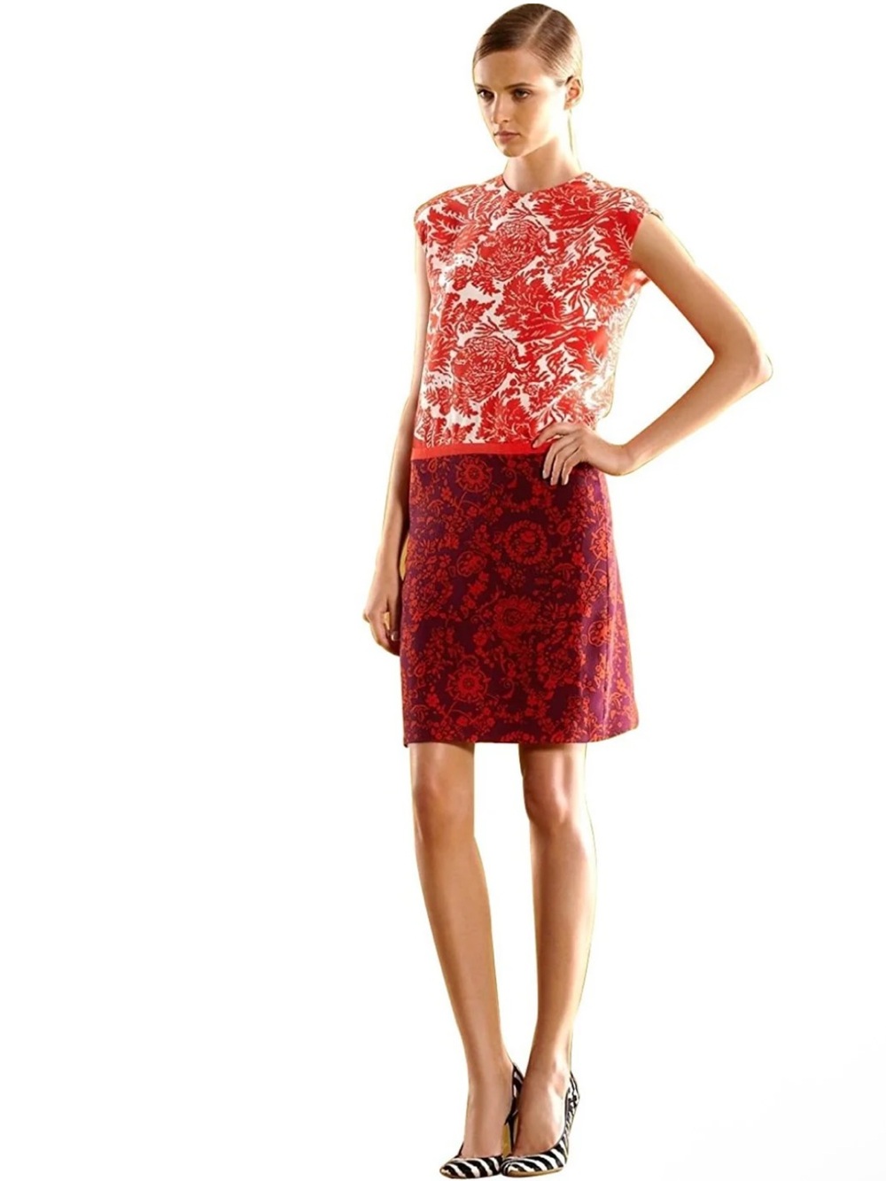 Gucci Resort 2012 Red and Purple Floral Two-Panel silk Shift Dress EU44 US8
